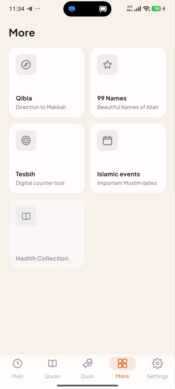 More screen showing Qibla, 99 Names, Tasbih, Islamic events, and Hadith Collection