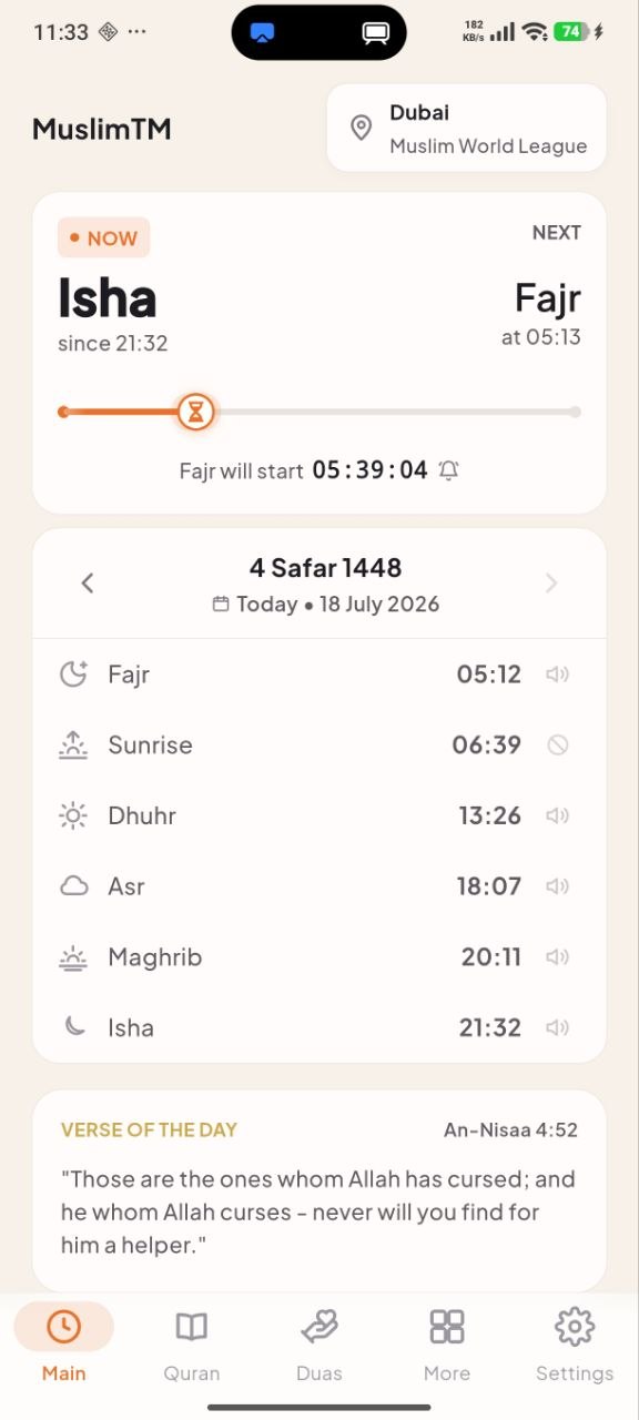 Hira Time home screen showing prayer times in Dubai