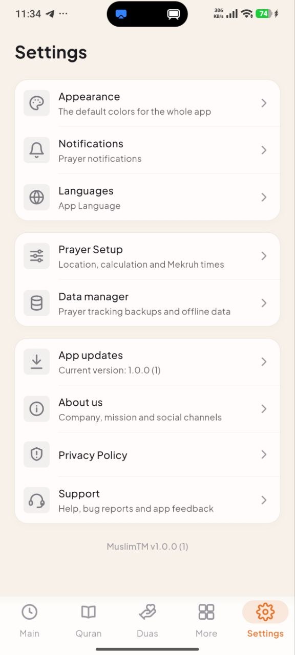 Settings screen with appearance, notifications, languages, prayer setup, data, privacy, and support